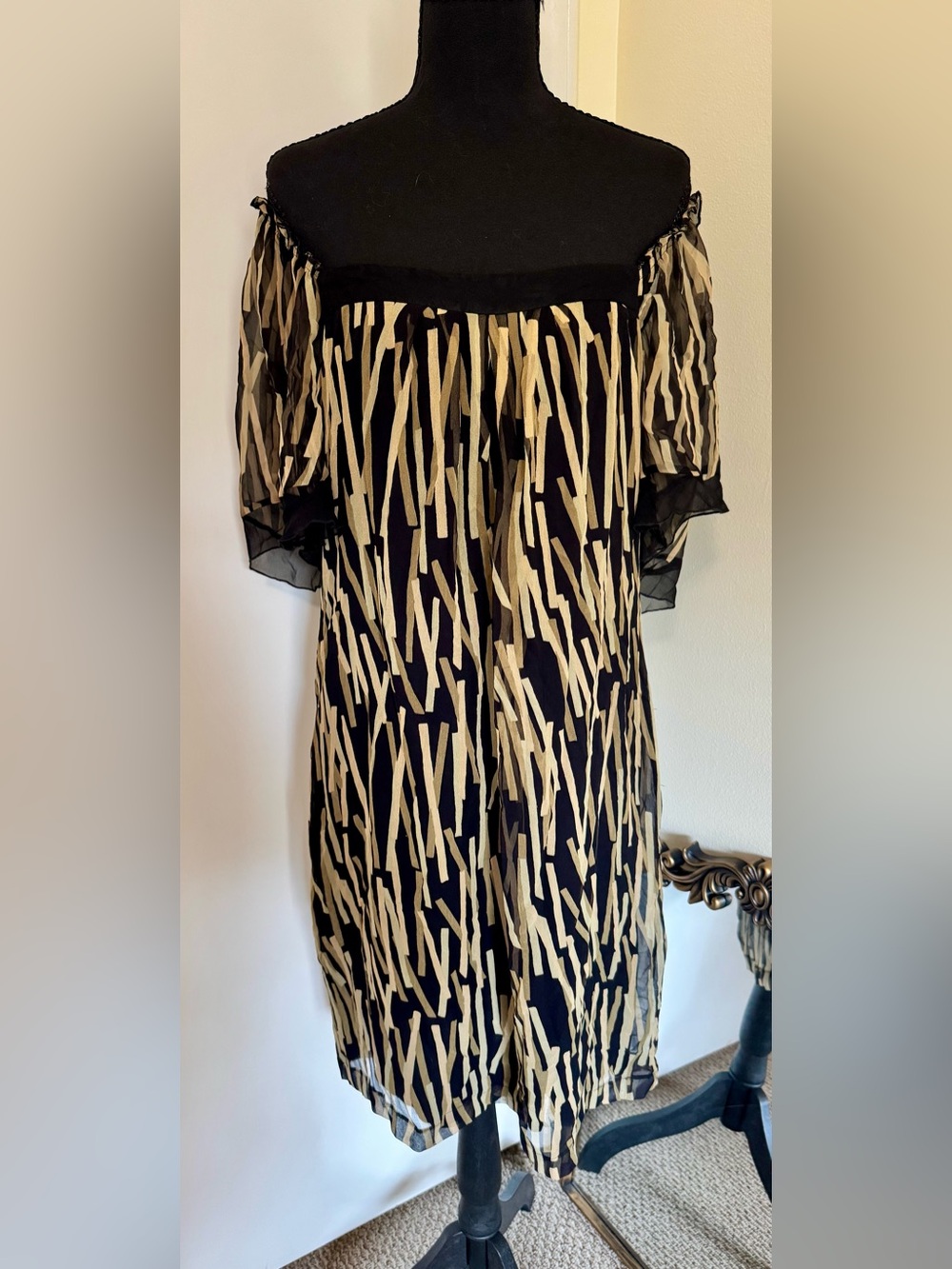 Silk Black and Tan Printed Midi Dress with Flutter Sleeves